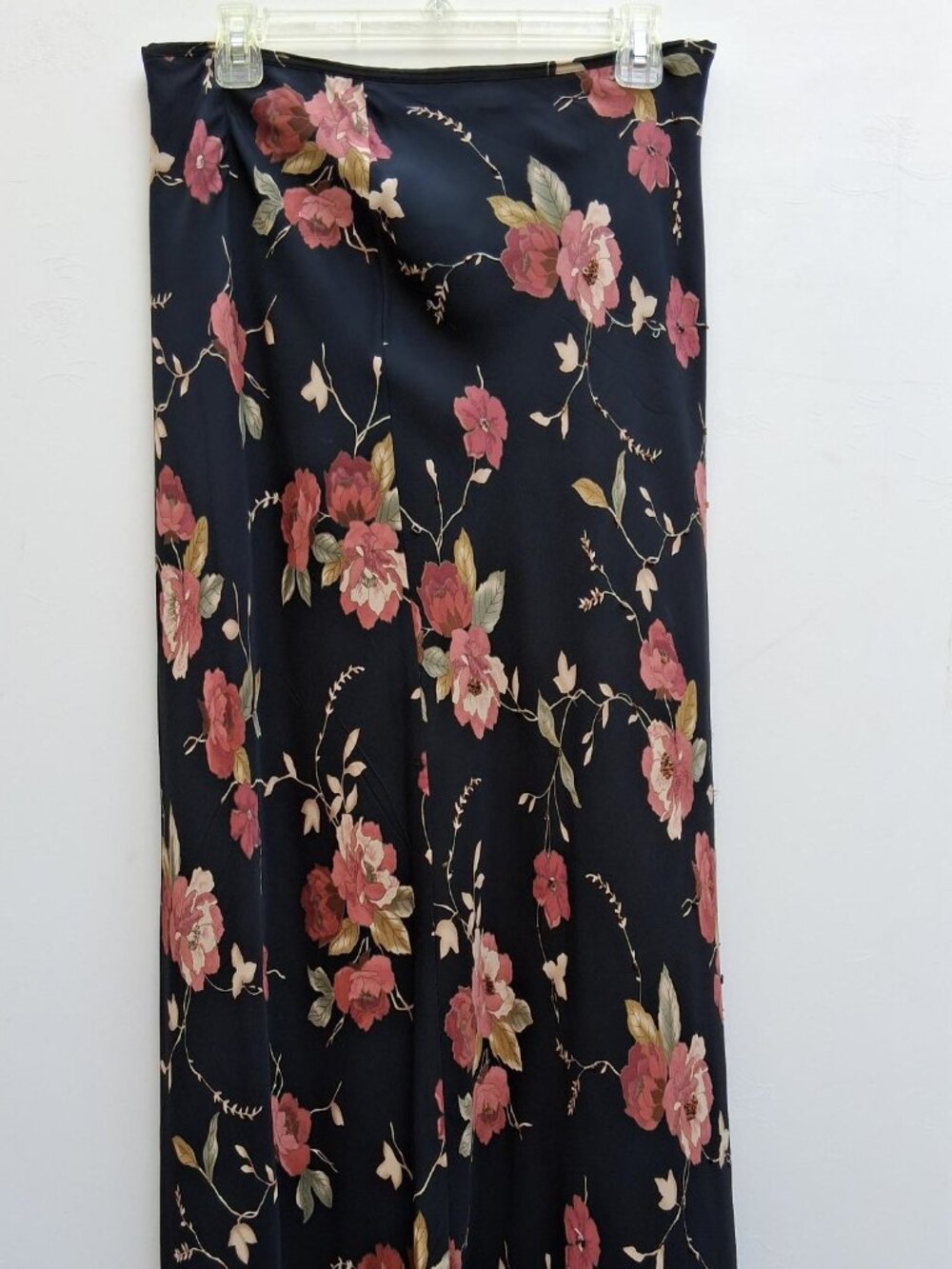Vintage CASUAL CORNER silk with beads maxi skirt, floral pink on black (size 12)